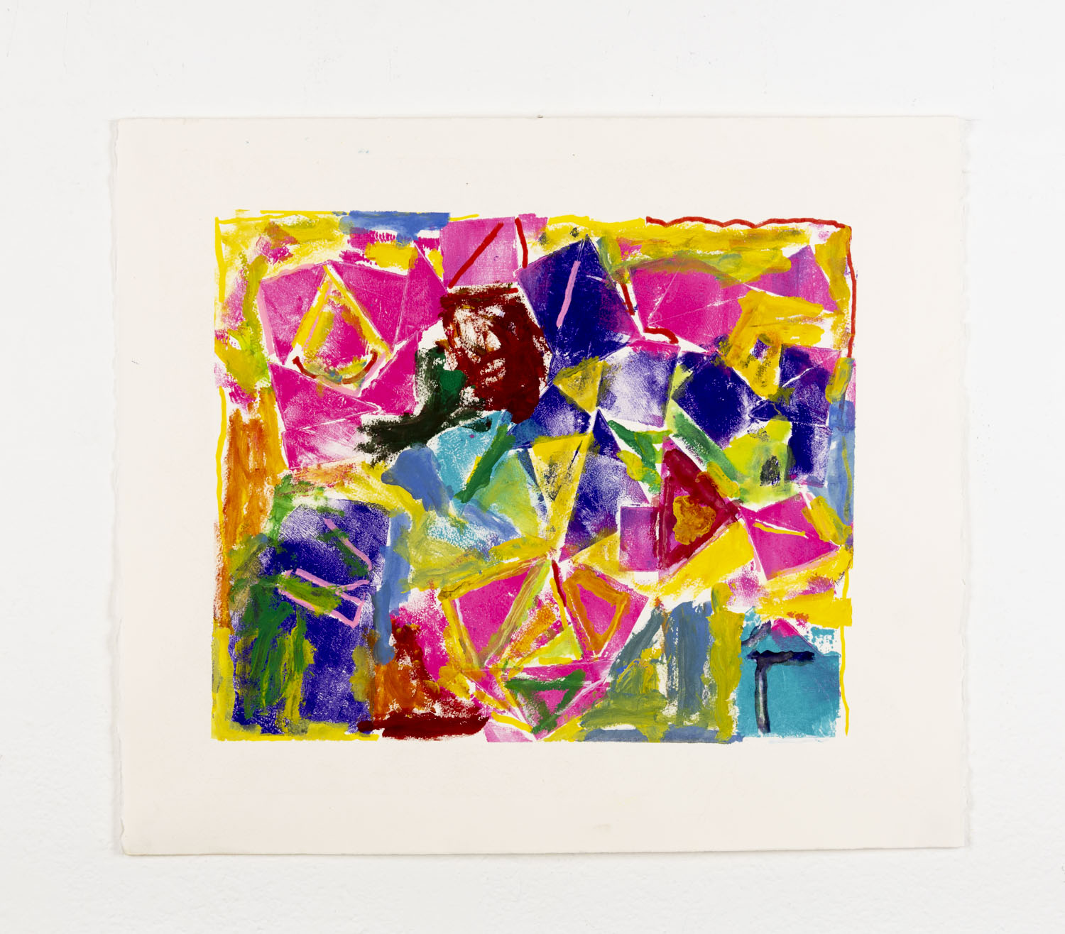 This abstract drawing has geometric elements that overlap one another. The majority of the piece is yellow, with the shapes being a bright pink, red and blue to contrast against the white paper.