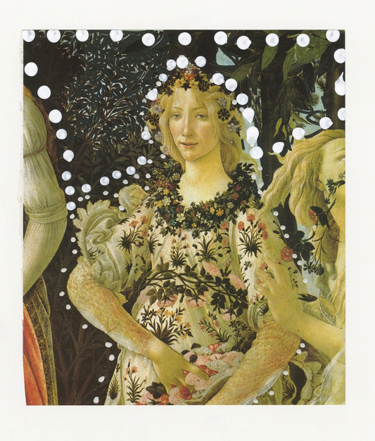 This mixed media piece incorporates white marker dots across the page of a found book page. The book page contains a section of the painting "Primavera" by Botticelli depicting a central female figure adorned with a crown of flowers. She has long, wavy blonde hair and a serene expression. Her dress is richly detailed with floral patterns in earthy tones, complementing her floral crown. Surrounding her are intricate, leafy branches, contributing to a lush, verdant backdrop.