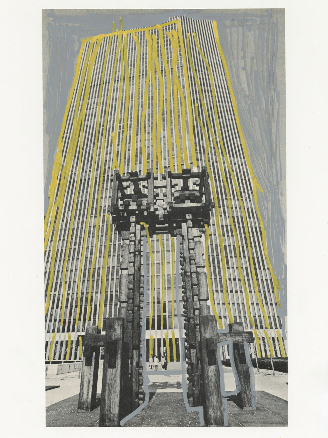 This mixed media piece contains an image of a building, with a large architectural structure in front of it. The building is overlapped with bold gold lines, and the structure is outlined in grey.