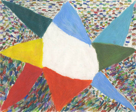 A colorful abstract star shape against a multicolored background.