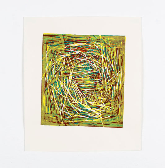 A linocut print on paper featuring an abstract composition. The print is centrally placed on a rectangular piece of off-white paper. The artwork itself is a rectangle filled with swirling, overlapping lines in various shades of green, yellow, and brown. The lines create a dynamic, concentric pattern that seems to whirl toward the center. Textures of the linocut technique are evident, with visible relief impressions and slight variations in ink application, adding depth and complexity to the piece.
