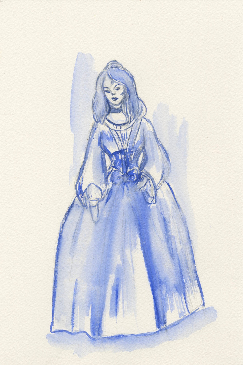 Blue watercolor drawing of a figure in a gown against a white background. 