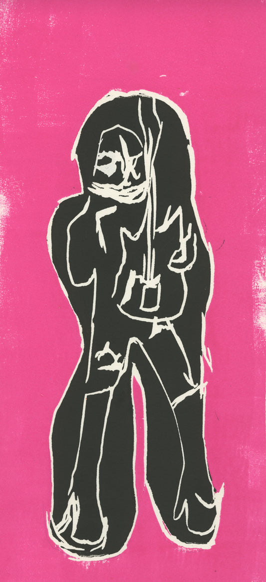 A stylized abstract figure on a bright pink background. The figure is outlined in white and filled with black, creating a bold contrast against the pink. The figure appears to be cloaked or hooded, with an indistinct face partially visible within the hood. The body is angular and fluid, with lines suggesting posture and movement. The overall composition is striking, using the simplified form and contrasting colors to create a dynamic effect.