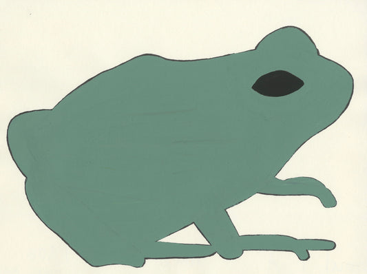 A painting of a green frog with black eyes on cream-colored paper.