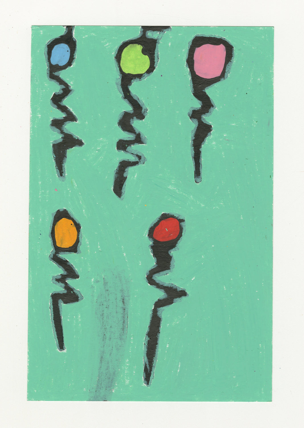 Abstract painting of five balloons of different colors. There are three balloons on the top and two on the bottom against a teal background.