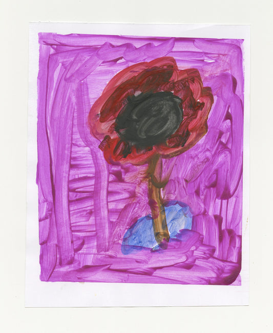 This is an acrylic painting of a flower, with red petals and a black pistil. The stem is brown and has blue leaves. The flower is floating in space against a magenta background.