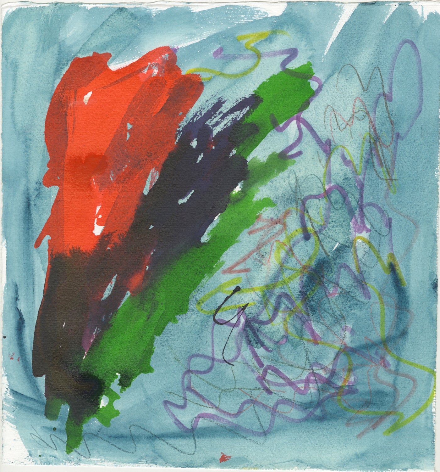 The image is an abstract watercolor painting with a blend of bold and vivid colors. The background consists of a wash of light blue tones, creating a soft and diffuse texture. Against this backdrop, several distinct brushstrokes dominate the composition. On the left side, a large and dynamic red brushstroke slants diagonally, overlapping with a dark, nearly black shape beside it. Below the red, a vibrant green brushstroke runs parallel, adding a lively contrast. 
