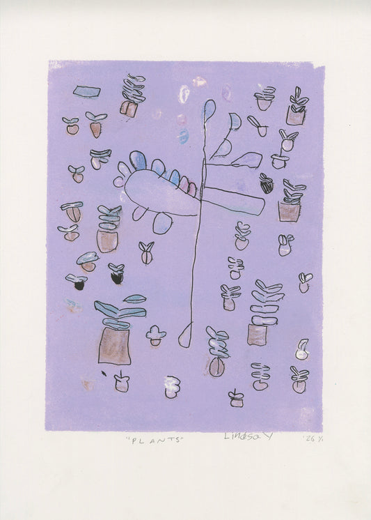 A mixed media print on white paper. The background is a square of pale lavender with the outlines of potted leafy plants peppered across the surface. 