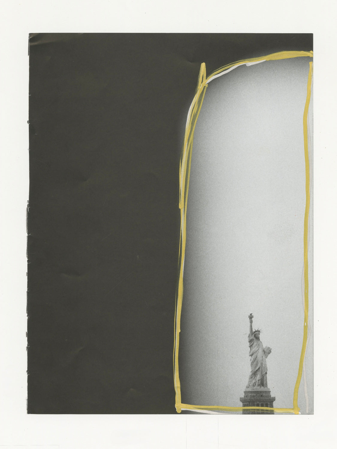 This mixed media piece contains an image of the Statue of Liberty. The majority of the image is black, with the right section of the image a light grey. This grey section is outlined with grey and gold to create a border.