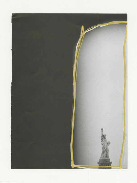 This mixed media piece contains an image of the Statue of Liberty. The majority of the image is black, with the right section of the image a light grey. This grey section is outlined with grey and gold to create a border.