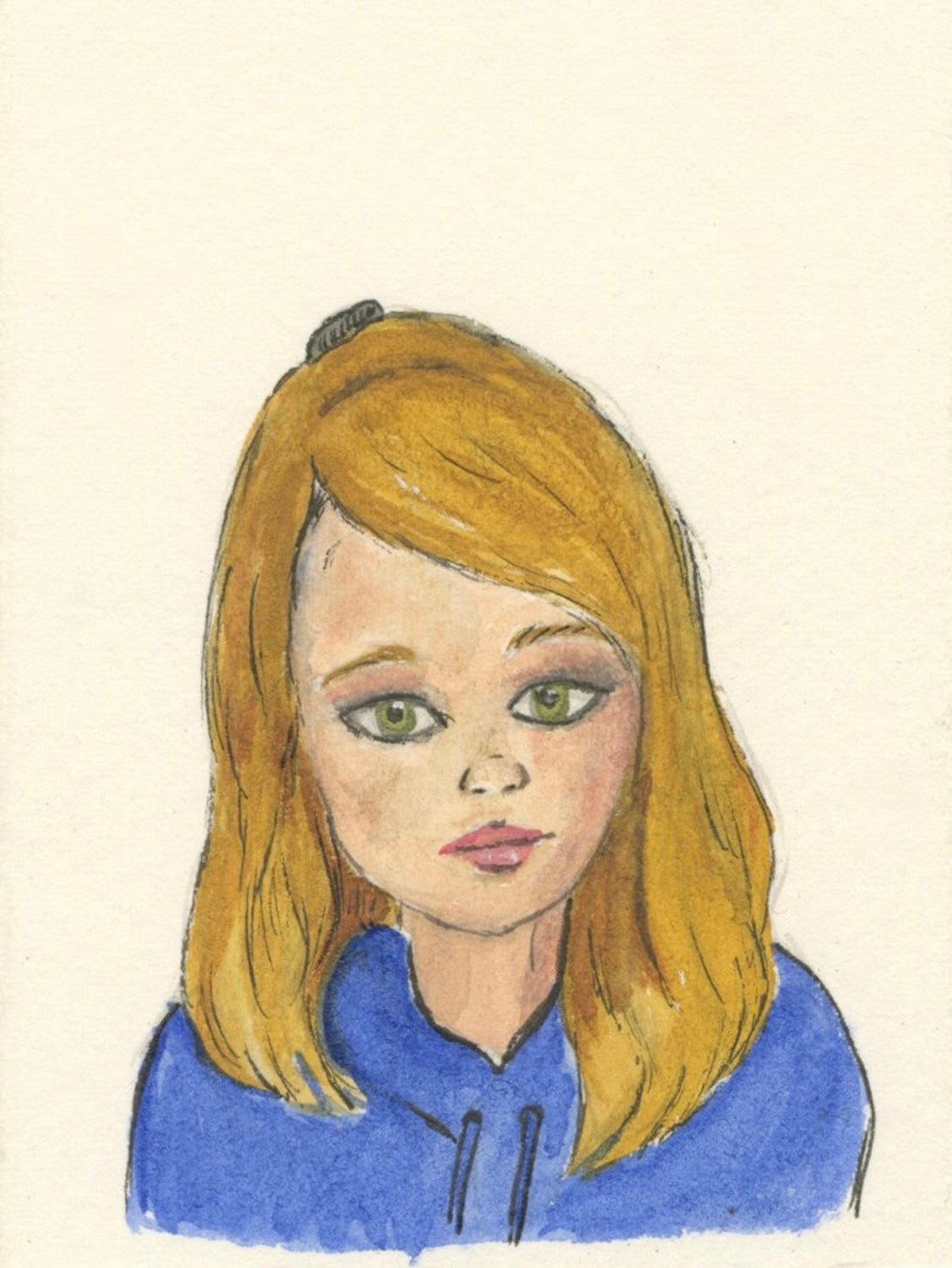 Watercolor drawing of a person with blonde hair and a blue hoodie on a beige background. 