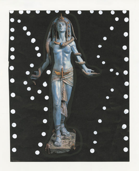 This mixed media piece incorporates white marker dots on a found magazine page. The magazine page contains a photograph of of a sculpture by American artist Audrey Flack, set against a black background. The sculpture portrays a figure with a blue-toned, human-like form, standing upright on a rectangular stone base. The figure is depicted with an intricate headpiece, and a serpent is coiling around its body and arms. The figure's attire includes a draped cloth around the waist.