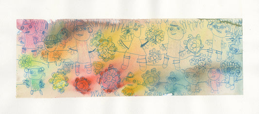 Colorful watercolor and ink drawing with several figures and flower-like shapes on white paper