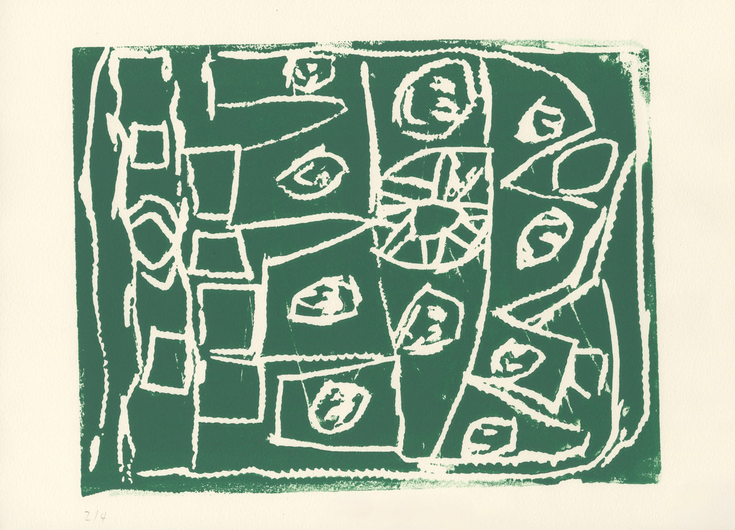 A linocut print of abstract eyes. There is a combination of the entire eye and eye-like components such as the pupil in this work. The design is printed with a green ink against a white background to create a strong contrast.