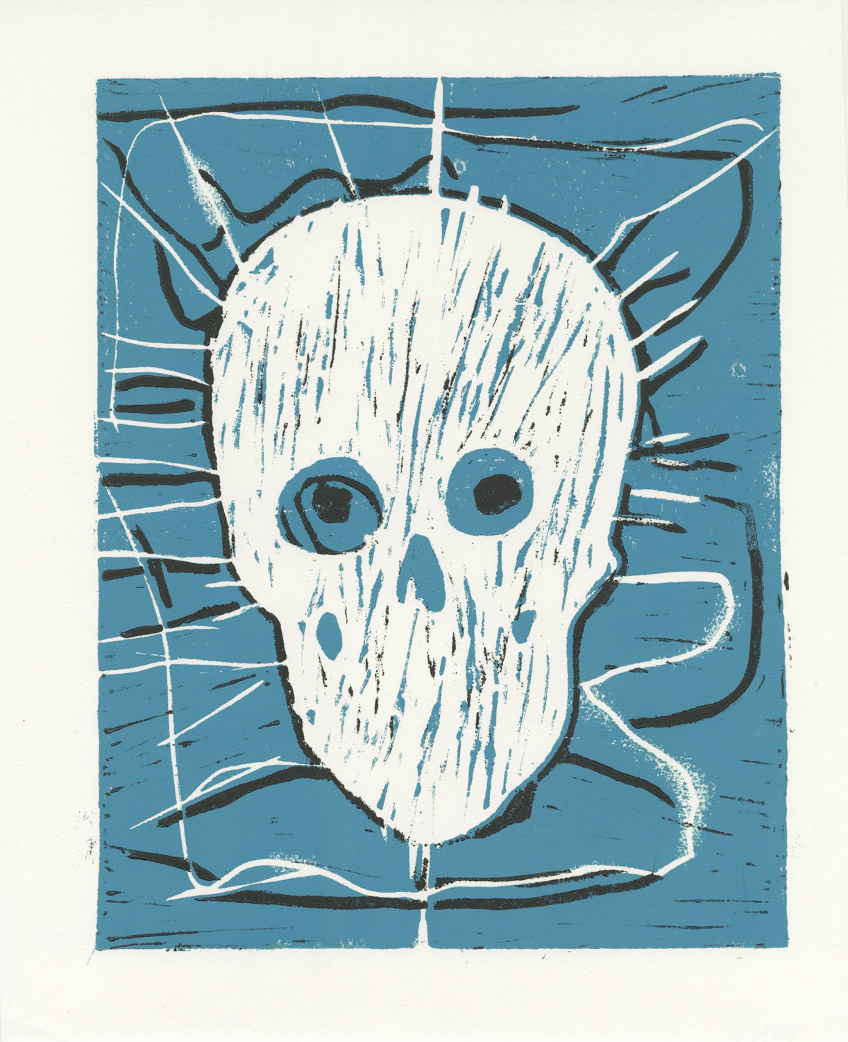 This is a linocut print of a skull. The skull is predominantly white, with blue features such as the eyes and the nose, matching the background. There are white and black organic lines that protrude from the skull.
