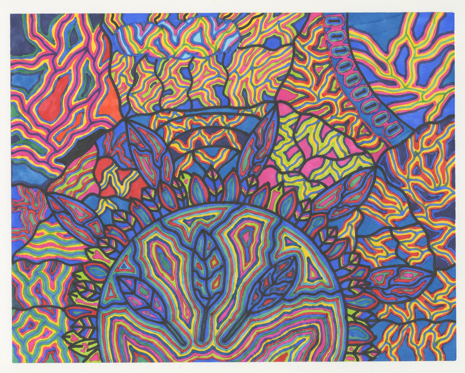 A colorful abstract, psychedelic pattern with vibrant colors against a blue background