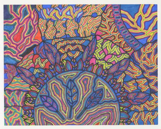 A colorful abstract, psychedelic pattern with vibrant colors against a blue background