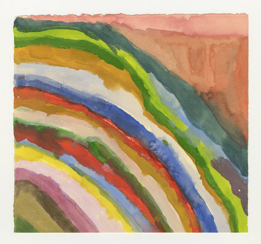 A vibrant, abstract, watercolor painting of a rainbow against a white background.
