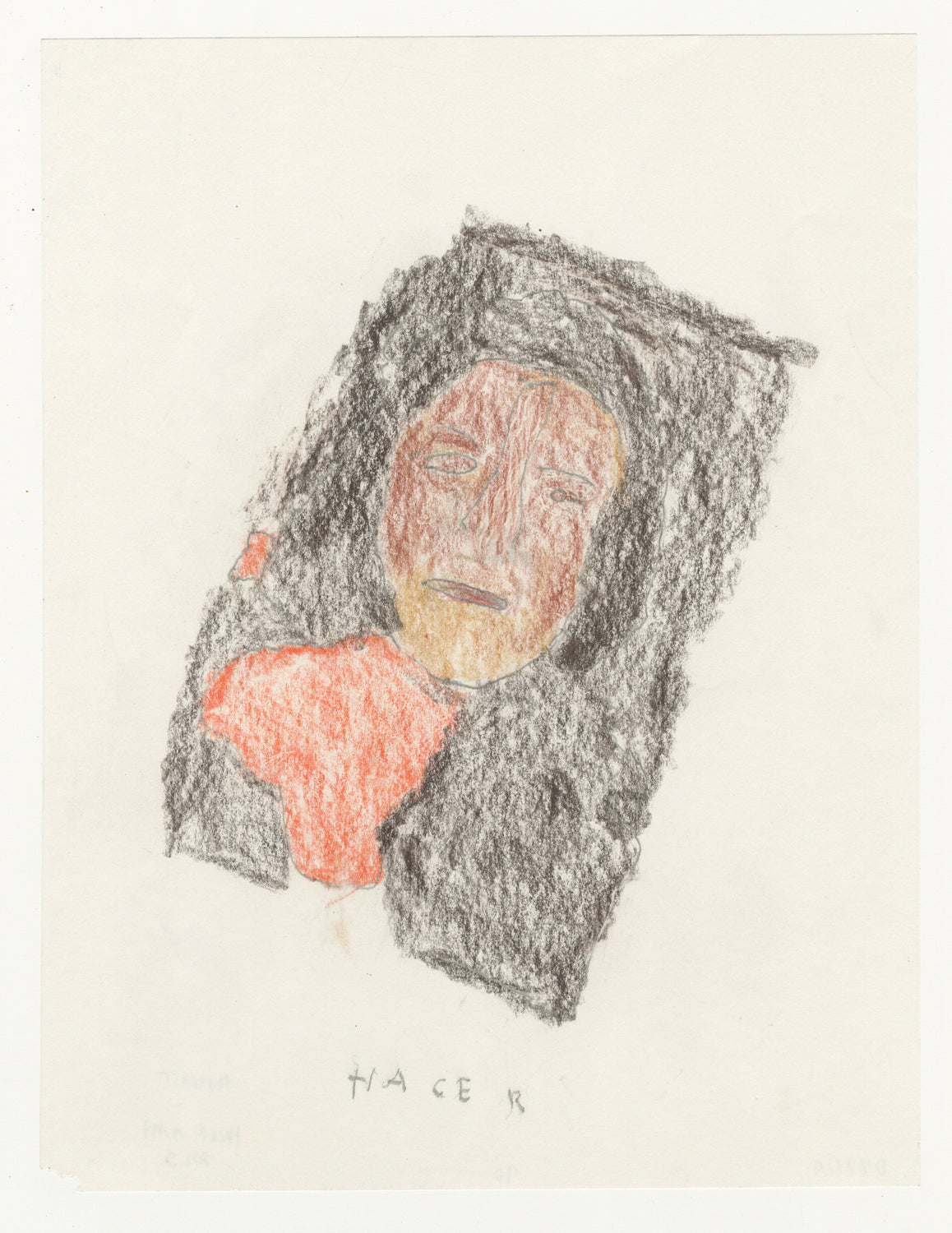 A portrait that is diagonally orientated in the center of the paper. The subject has dark brown hair and an orange shirt against a white background.