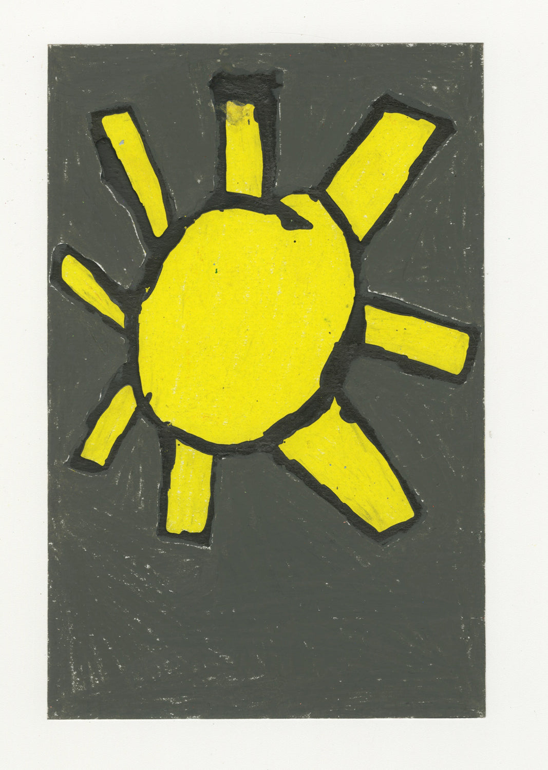 A drawing of a floating yellow sun that takes up the top two thirds of the page against a dark grey background.