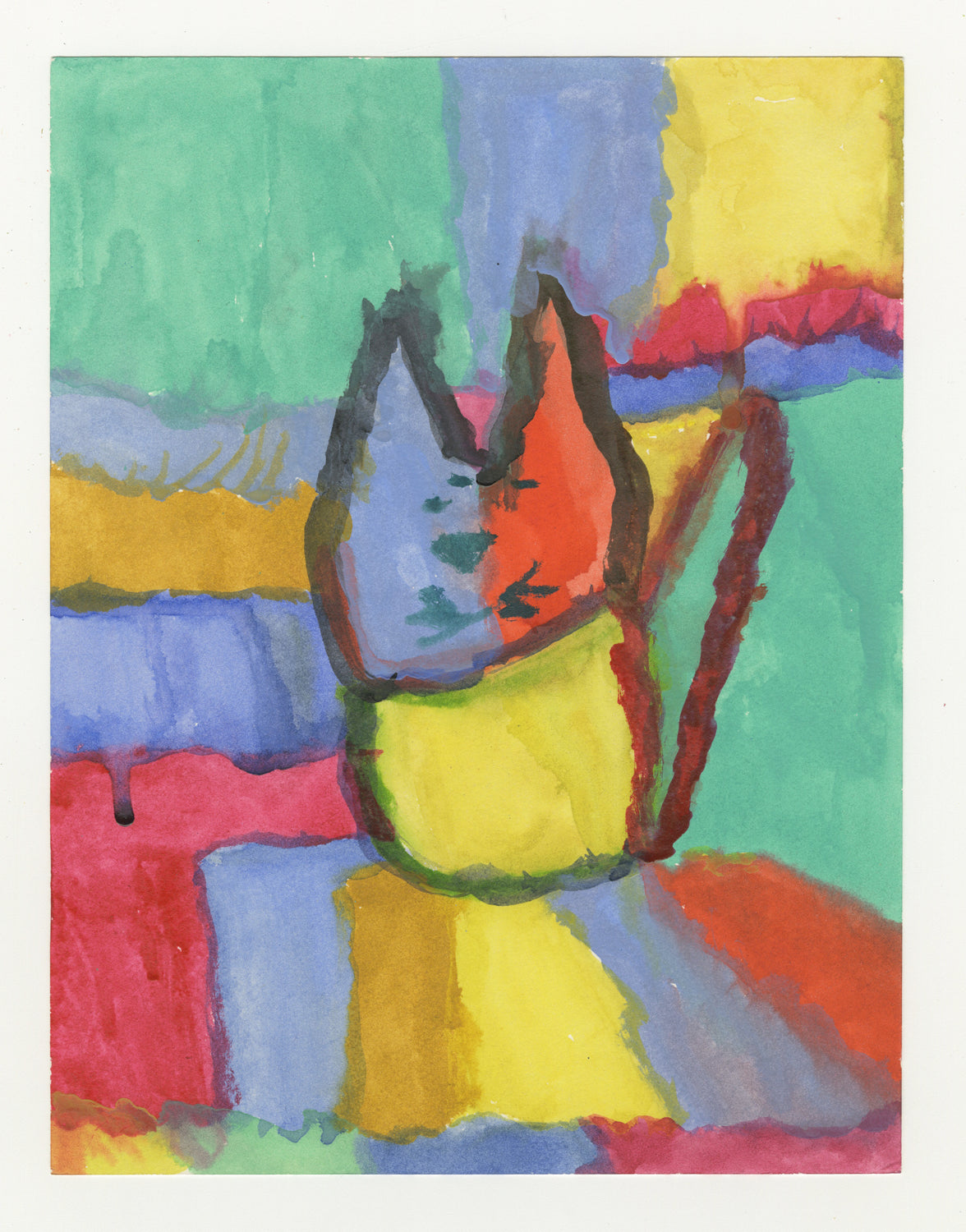 An abstract, watercolor painting of a cat against a white background.