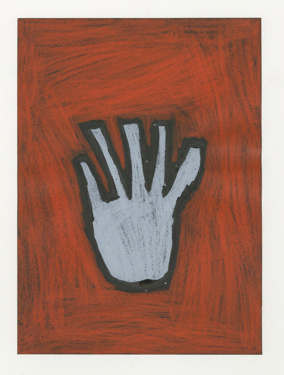 A simplified, stylized outline of a hand rendered in light gray against a textured reddish-brown background. The hand is positioned in the center of the image, with fingers slightly splayed. A thick black border surrounds the hand, enhancing its contrast against the background. The reddish-brown background features irregular dark patches and brushstroke patterns, adding visual texture and depth.