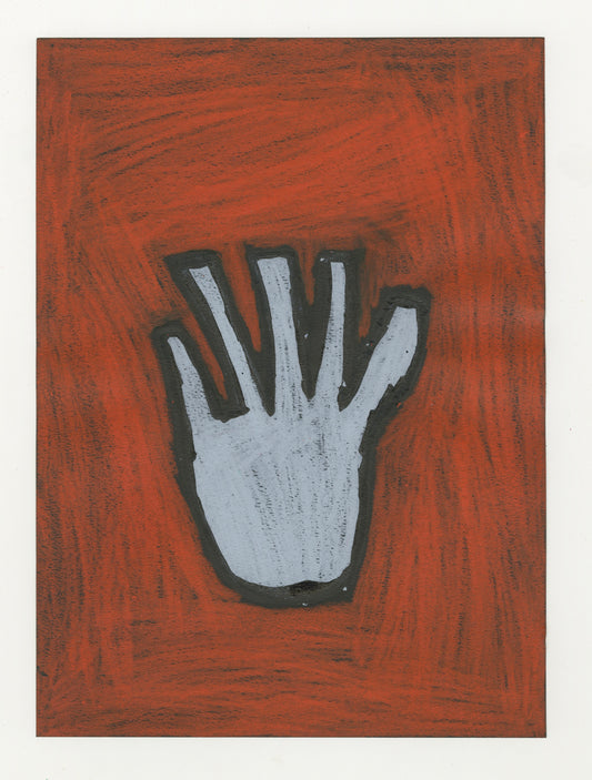 A simplified, stylized outline of a hand rendered in light gray against a textured reddish-brown background. The hand is positioned in the center of the image, with fingers slightly splayed. A thick black border surrounds the hand, enhancing its contrast against the background. The reddish-brown background features irregular dark patches and brushstroke patterns, adding visual texture and depth.