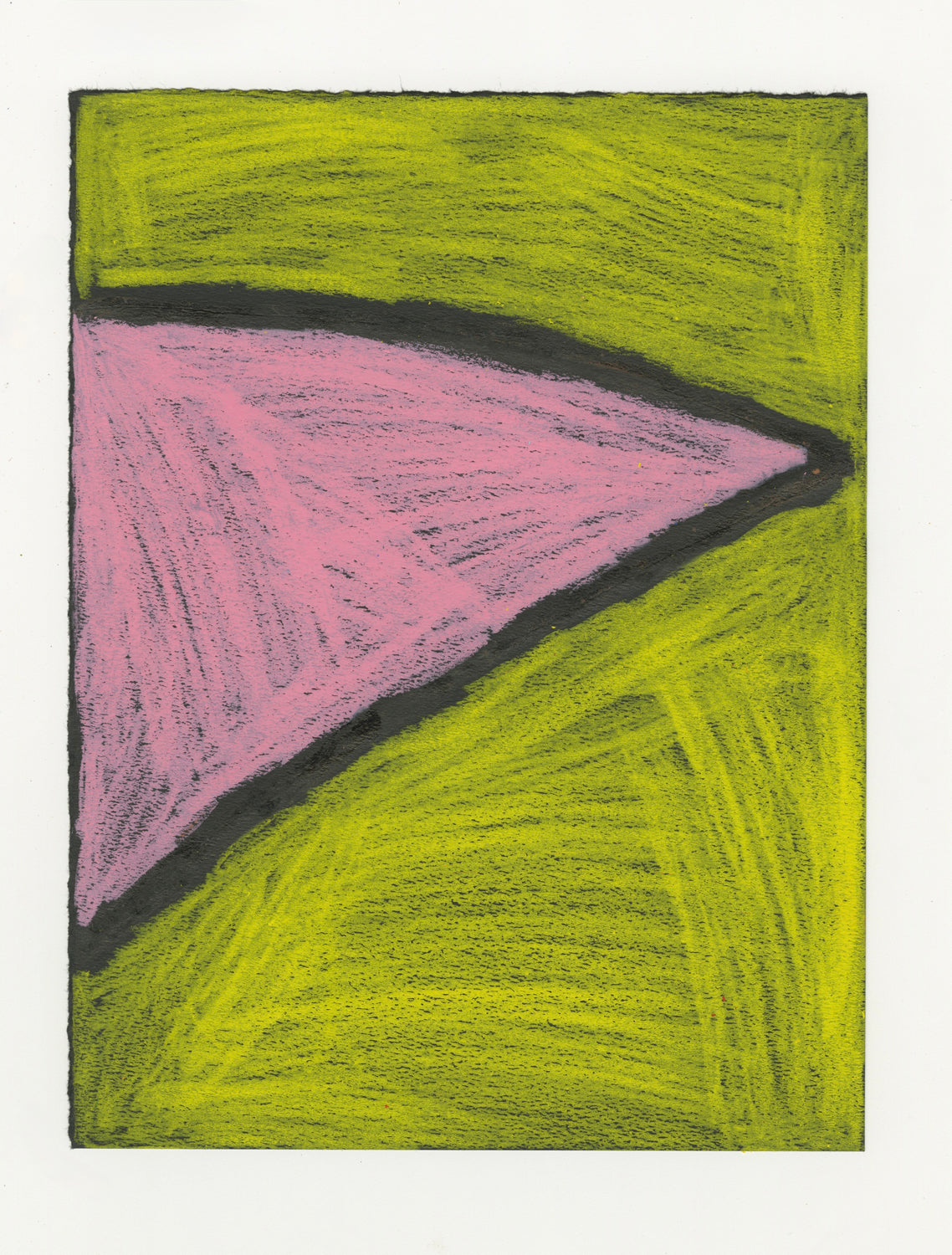 An abstract drawing featuring a large triangular shape pointing to the right, in the center of the composition. The triangle is filled with a textured pink color and is outlined by a bold black line. Surrounding the triangle, the background is filled with a rough, textured light green color. 