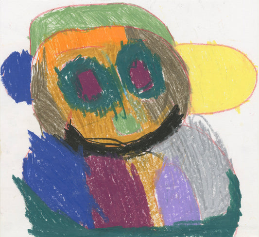 A drawing featuring an abstract, colorful character with a round face. The face is primarily orange with blue and green shading, and large teal eye circles containing maroon centers. A curved black line suggests a mouth. The figure appears to be wearing a green cap and has a bright yellow shape to its side, which may represent an ear or an accessory. The background and lower portion contain splashes of blue, maroon, and gray colors, suggesting the figure's chest.