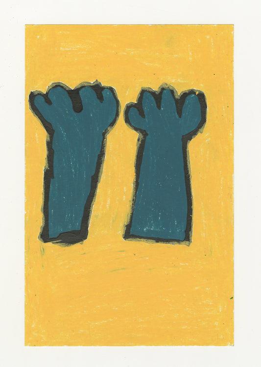 A depiction of two dark cyan trees in the foreground against a vibrant yellow background.