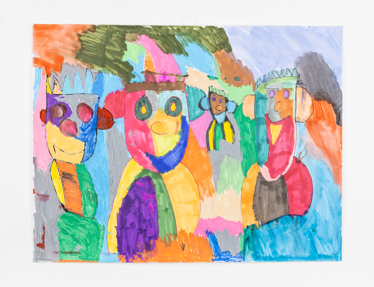 This drawing is a depiction of four figures, there are three larger figures in the foreground and one smaller figure in the background. The background consists of colorful washes of pink, blue, grey and green that bleed into the three figures in the foreground. The features of the figures are outlined in a thin red and black ink. 