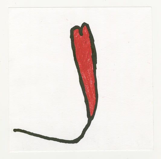 A drawing of a heart in the center of the piece. The heart is colored in red, with a black outline. The black outline leaves a trail in the left bottom corner of the piece.