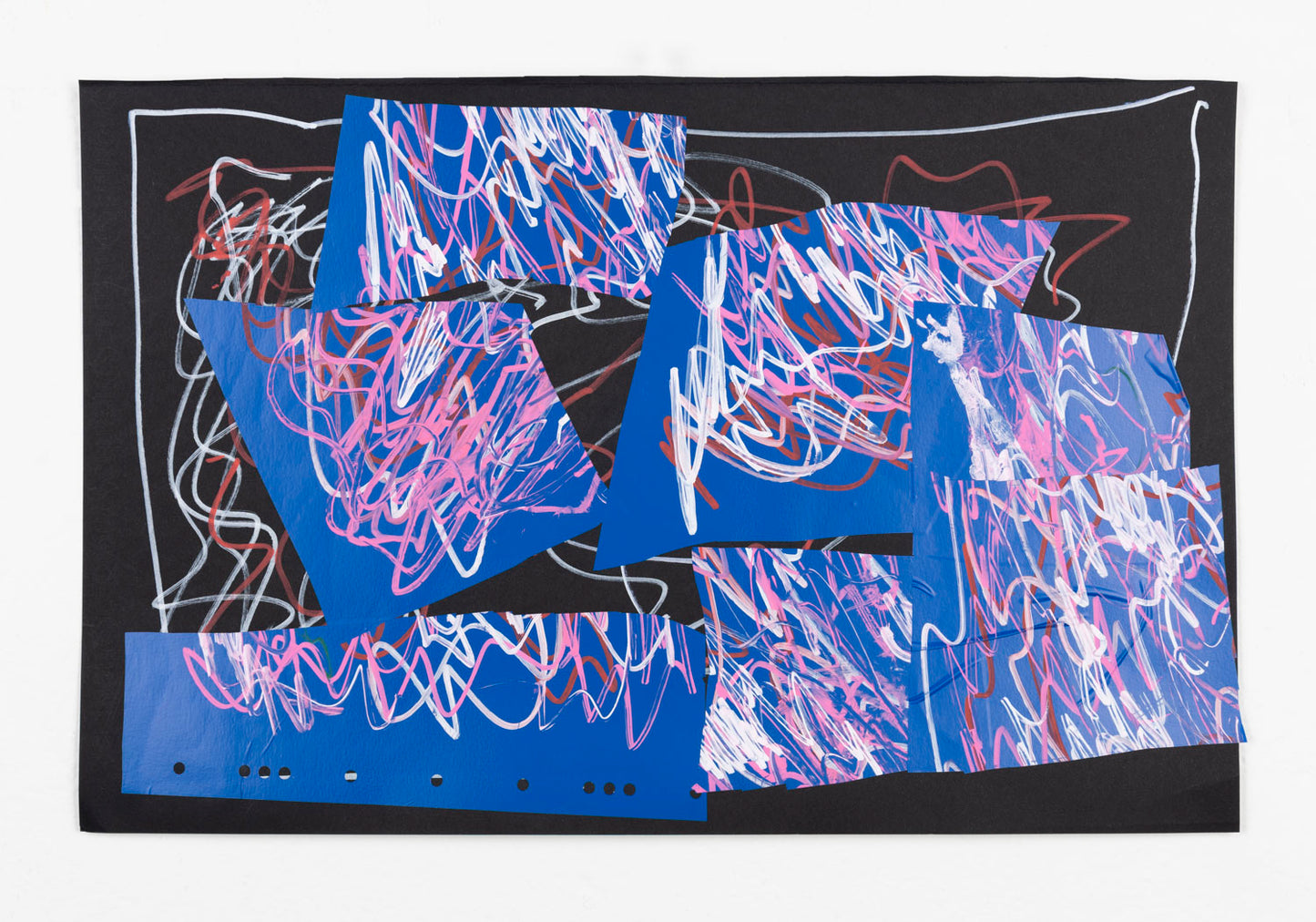 This piece has a collage like quality, with the background a black paper with white and red line work. On top of the black paper are layered pieces of blue paper, cut out irregular geometric shapes. A similar line work is evident on the blue shapes, using white, red and pink ink.