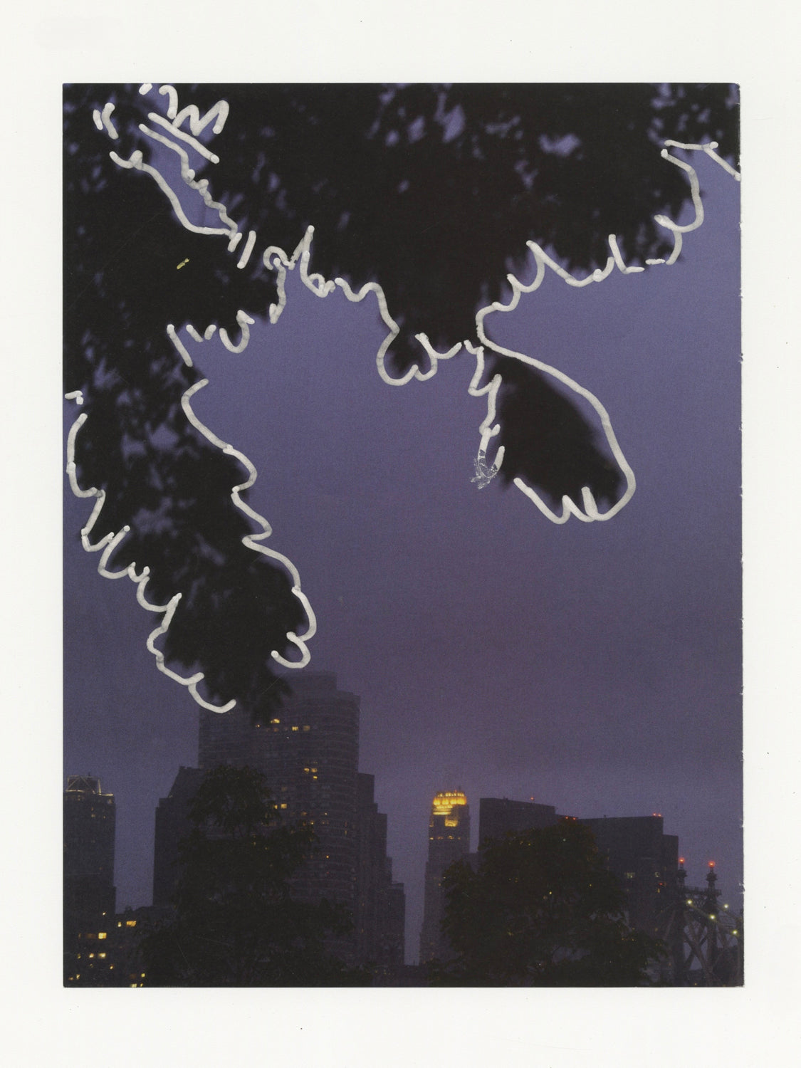 This mixed media piece contains an image of a cityscape. There are buildings in the background and leaves from a tree that occupy the top half of the image. The leaves on the tree are outlined in a bold silver.