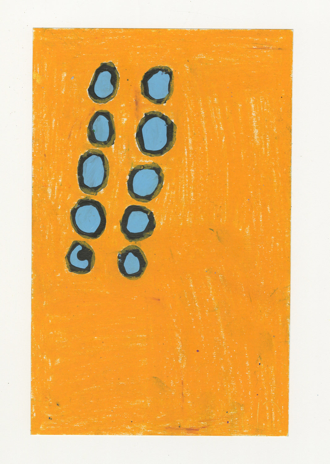 A drawing of 10 blueberries against an orange background. They are arranged in two columns of five, floating in the top left quadrant of the piece. 