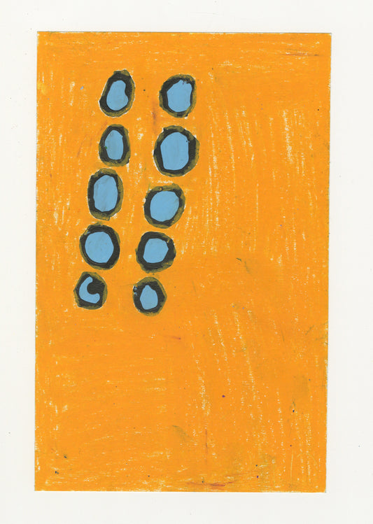 A drawing of 10 blueberries against an orange background. They are arranged in two columns of five, floating in the top left quadrant of the piece. 