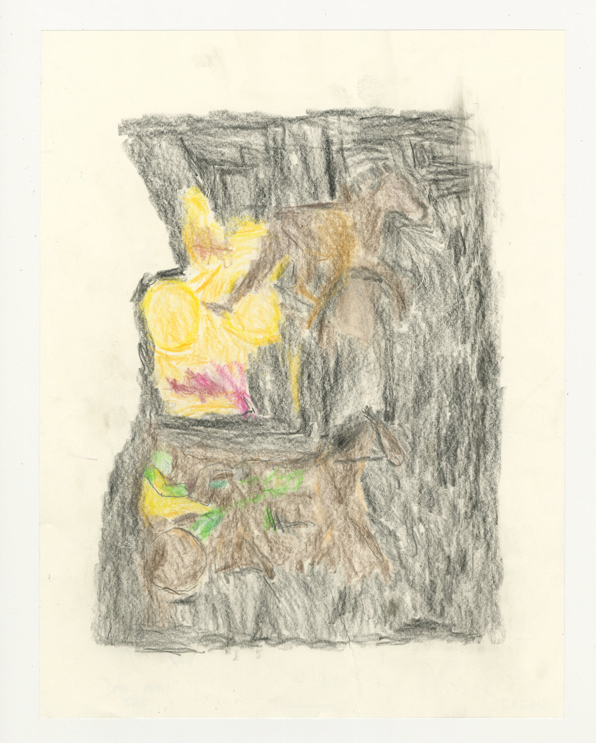 A drawing of two horse chariots, one above the other. There are figures sitting in both chariots. The horse chariots are in the foreground of a scene drawn with black color pencil, all against a white background.