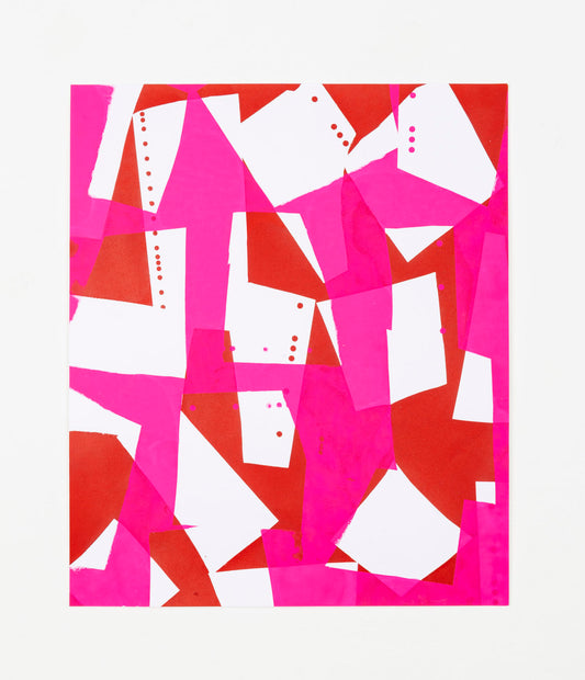 A print with bright red, hot pink, and white, sharp shapes spread out and layered across the piece.