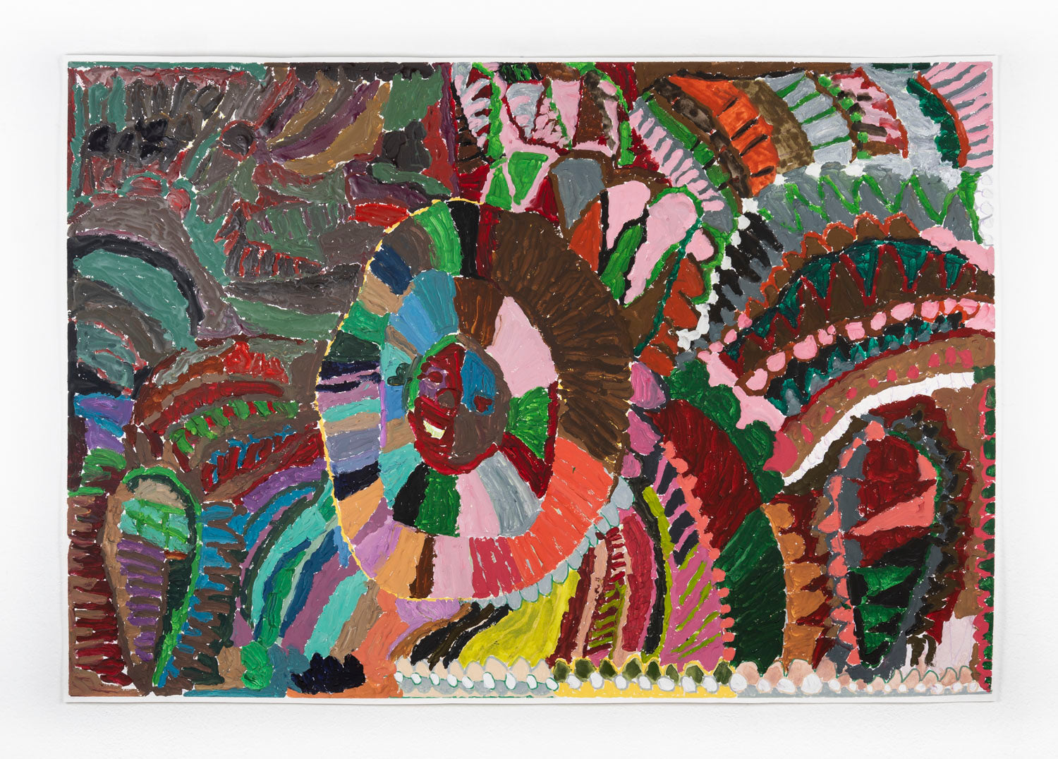 This drawing consists of undulating organic shapes. These shapes meld into one another to form a pattern, created with vibrant shades of green, brown, red, blue and pink. 