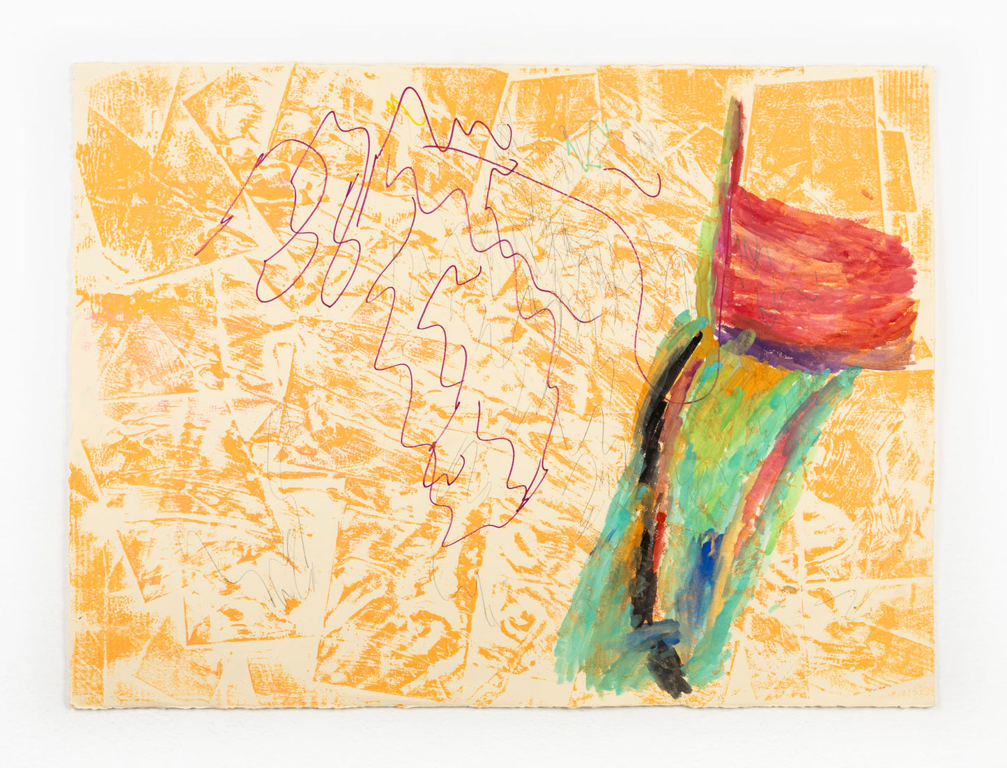 This mixed media piece has a geometric, orange background. On top, there are red, green and black brush strokes on the right side of the work, alongside a thinner line work detail in purple in the center of the piece.