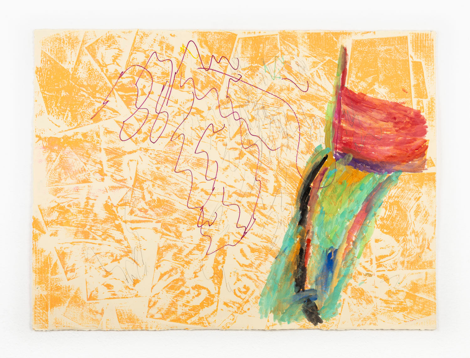 This mixed media piece has a geometric, orange background. On top, there are red, green and black brush strokes on the right side of the work, alongside a thinner line work detail in purple in the center of the piece.