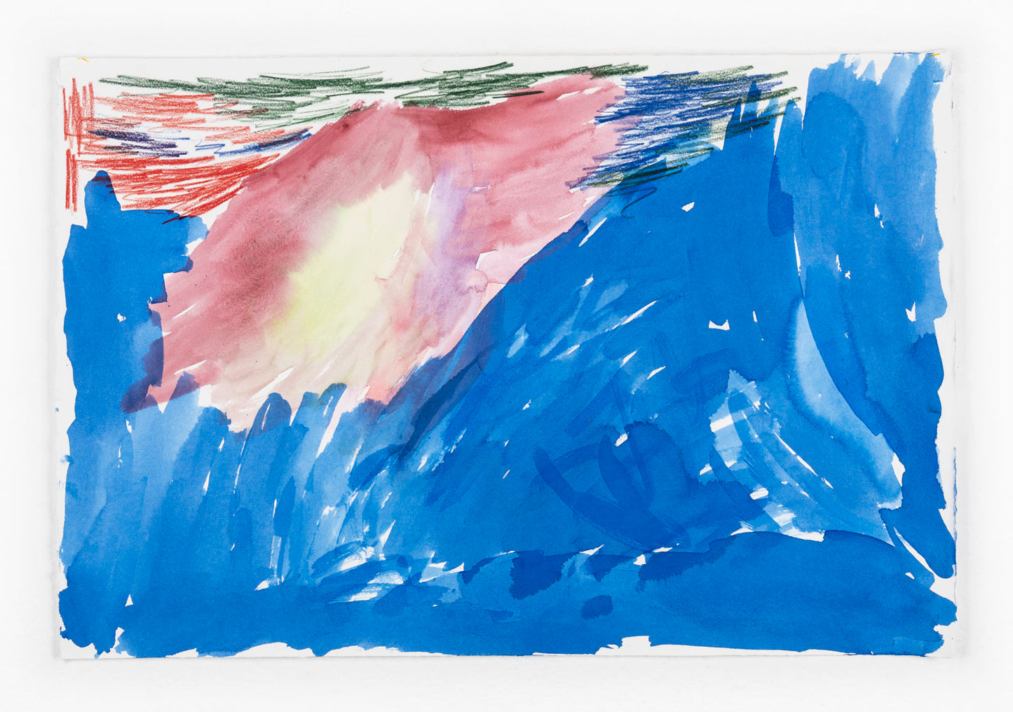 This abstract painting highlights the artist's hand, with gestural brushstrokes and line work evident throughout the piece. The work is predominantly blue, with washes of maroon in the top left corner. There are also harsh pencil marks in the top left corner which contrast the fluidity of the paint.