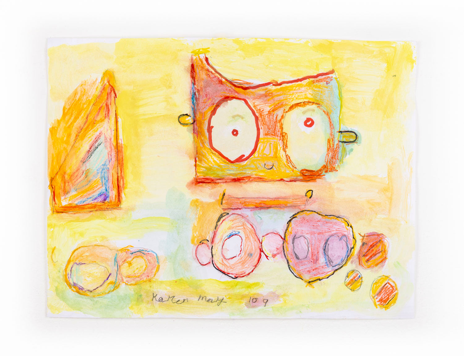An abstract painting with a predominantly yellow background. In the top center, there's a rectangular shape resembling a stylized face, with exaggerated eyes outlined in red. The facial structure is rectangular with a mix of orange and brown shades. To the left of this face, a triangular shape composed of layered, overlapping strokes of orange, blue, and purple is visible. Below the face, multiple circular and oval forms are scattered, outlined in red, suggesting faces inside them.