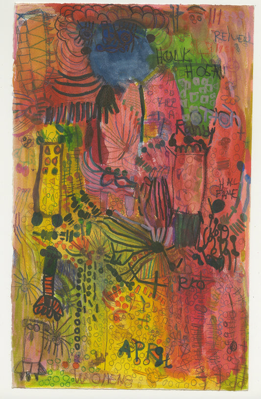 A vibrant watercolor and marker painting that is an abstract blend of objects, text and figures. The piece is predominantly washes of red and yellow, with green and blue highlights. The text is written in mainly black ink to create a bold effect. 