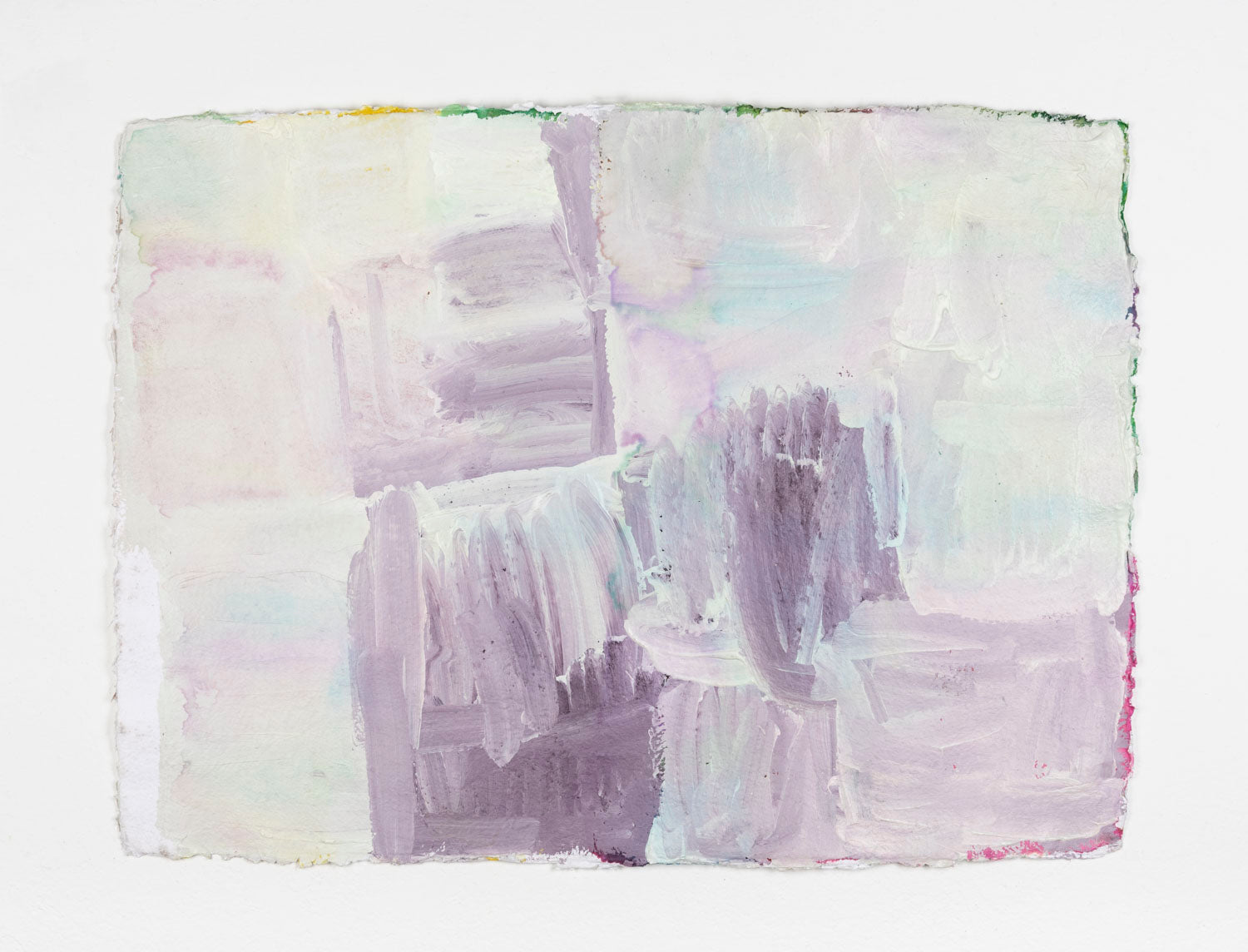 This painting highlights the brushwork and translucent quality of watercolor. The piece is predominantly white, with washes of purple in the center of the work. 