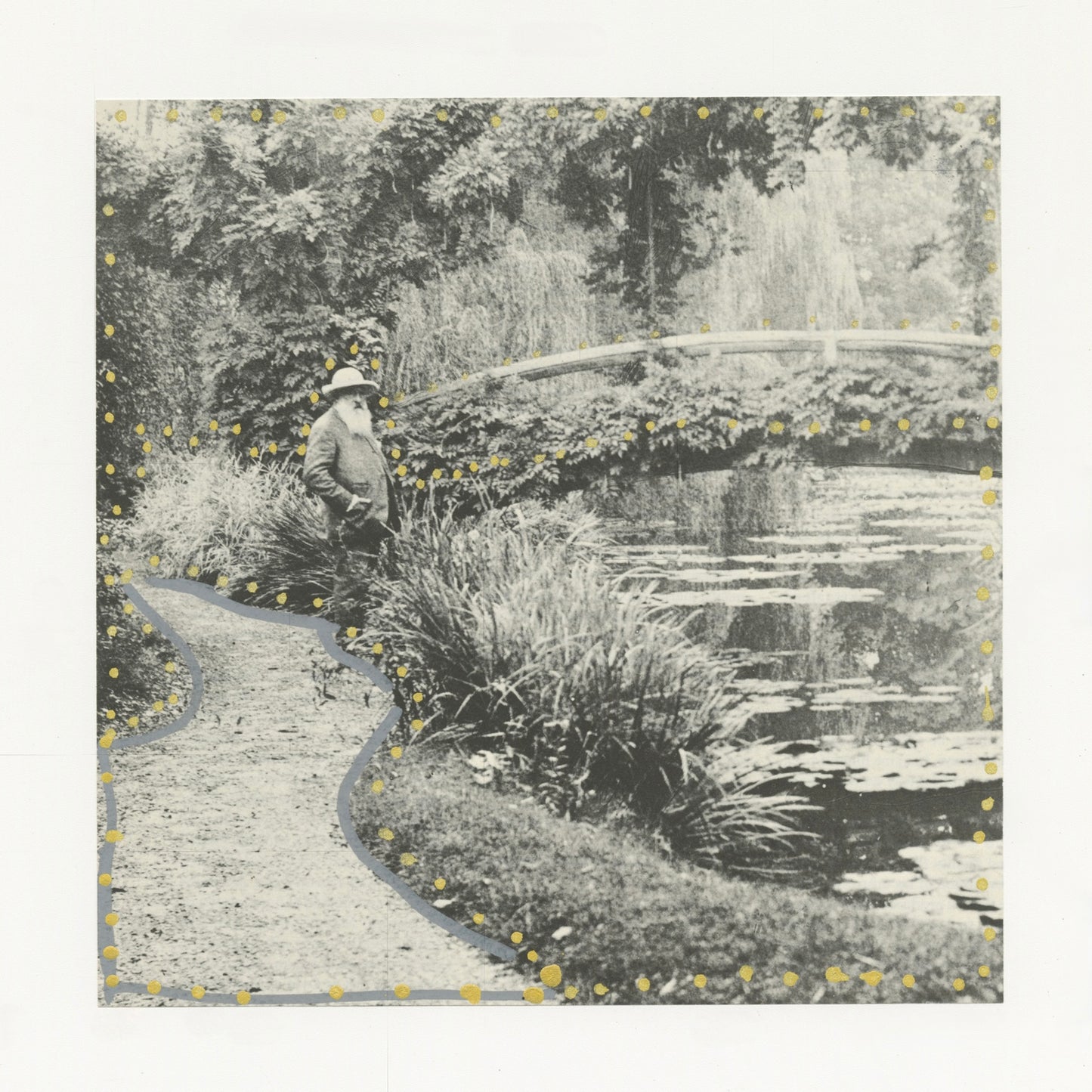 This mixed media piece incorporates gold and grey elements on a found magazine page. The magazine page contains a photograph of a garden scene with a pond and bridge. In the image there is also an older man facing the bond. The path and the border of the image is outlined with grey and gold dots.