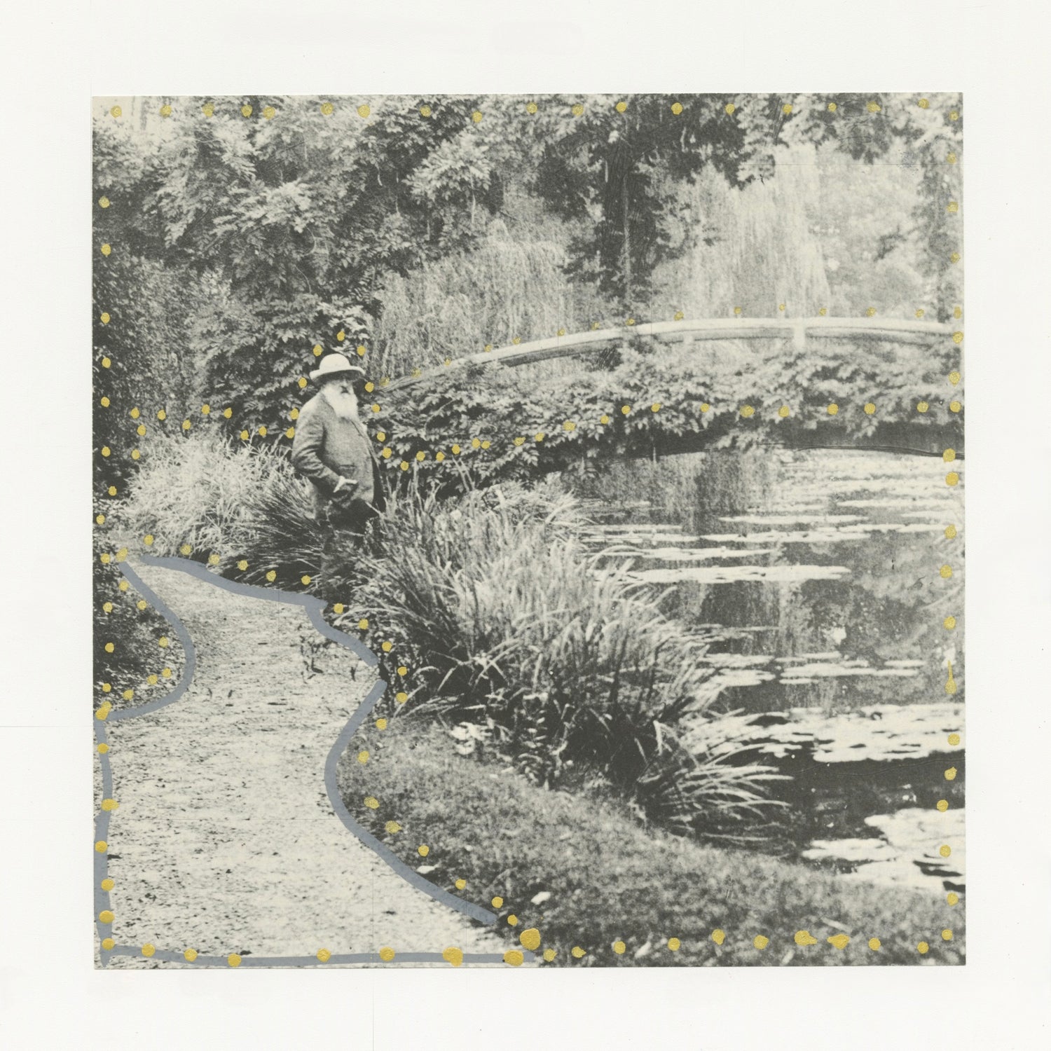 This mixed media piece incorporates gold and grey elements on a found magazine page. The magazine page contains a photograph of a garden scene with a pond and bridge. In the image there is also an older man facing the bond. The path and the border of the image is outlined with grey and gold dots.