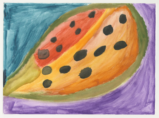 Watercolor painting of a sliced piece of fruit that takes up the majority of the composition. The fruit has a green peel, black seeds and the meat of the fruit consists of washes of red and orange against a split background that is blue and purple. 