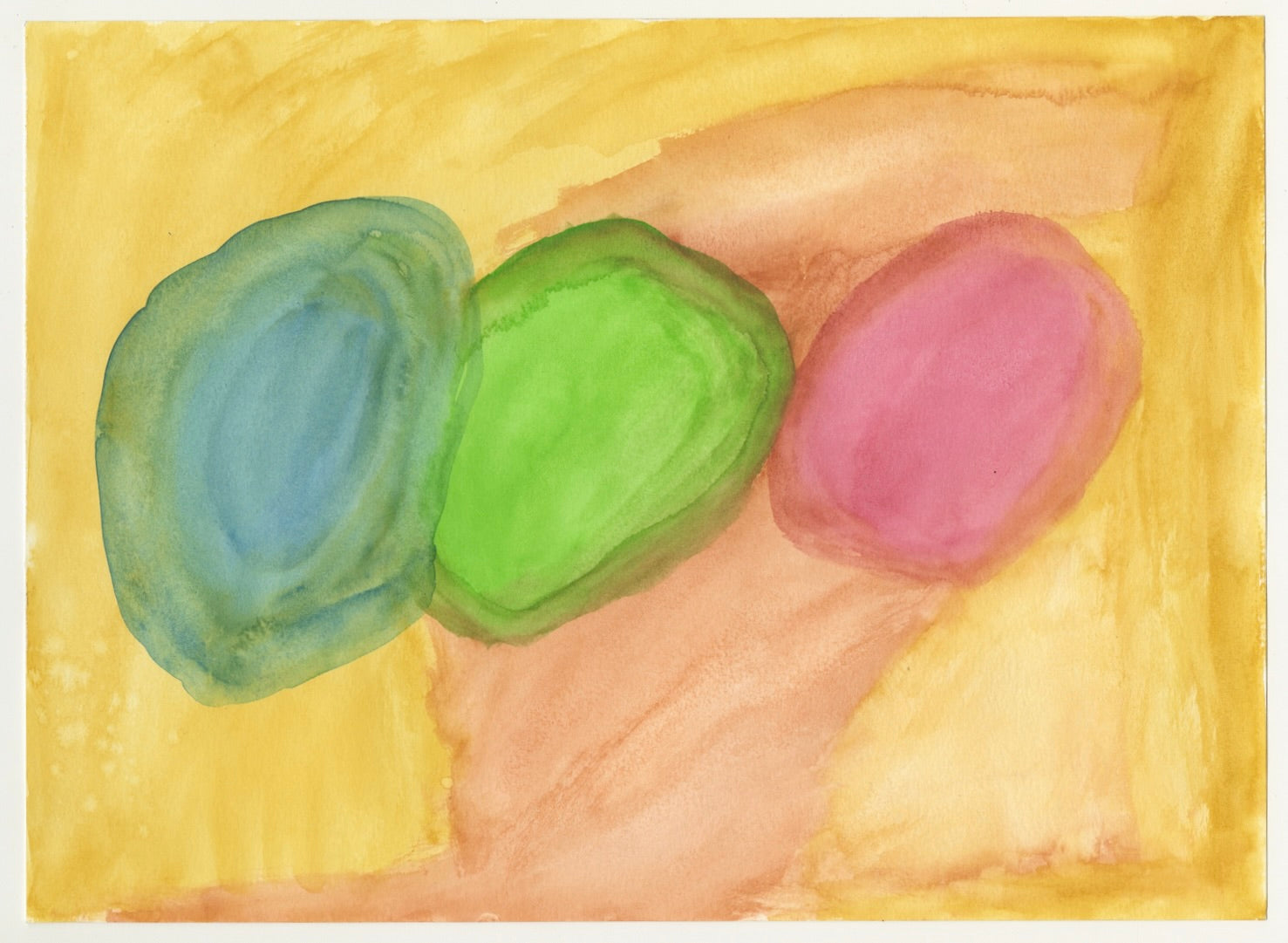 Abstract painting of three crystal balls that are side by side to form a horizontal line. There is one blue, one green and one red crystal that are floating in space against a yellow and orange background.