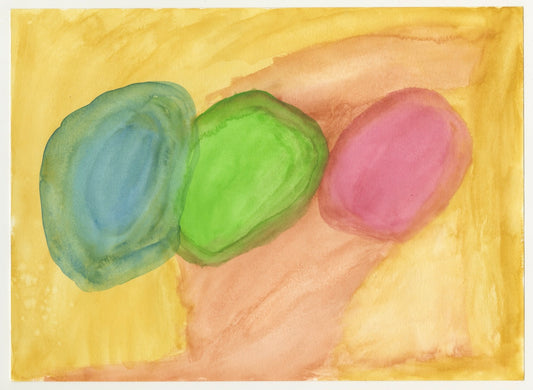 Abstract painting of three crystal balls that are side by side to form a horizontal line. There is one blue, one green and one red crystal that are floating in space against a yellow and orange background.